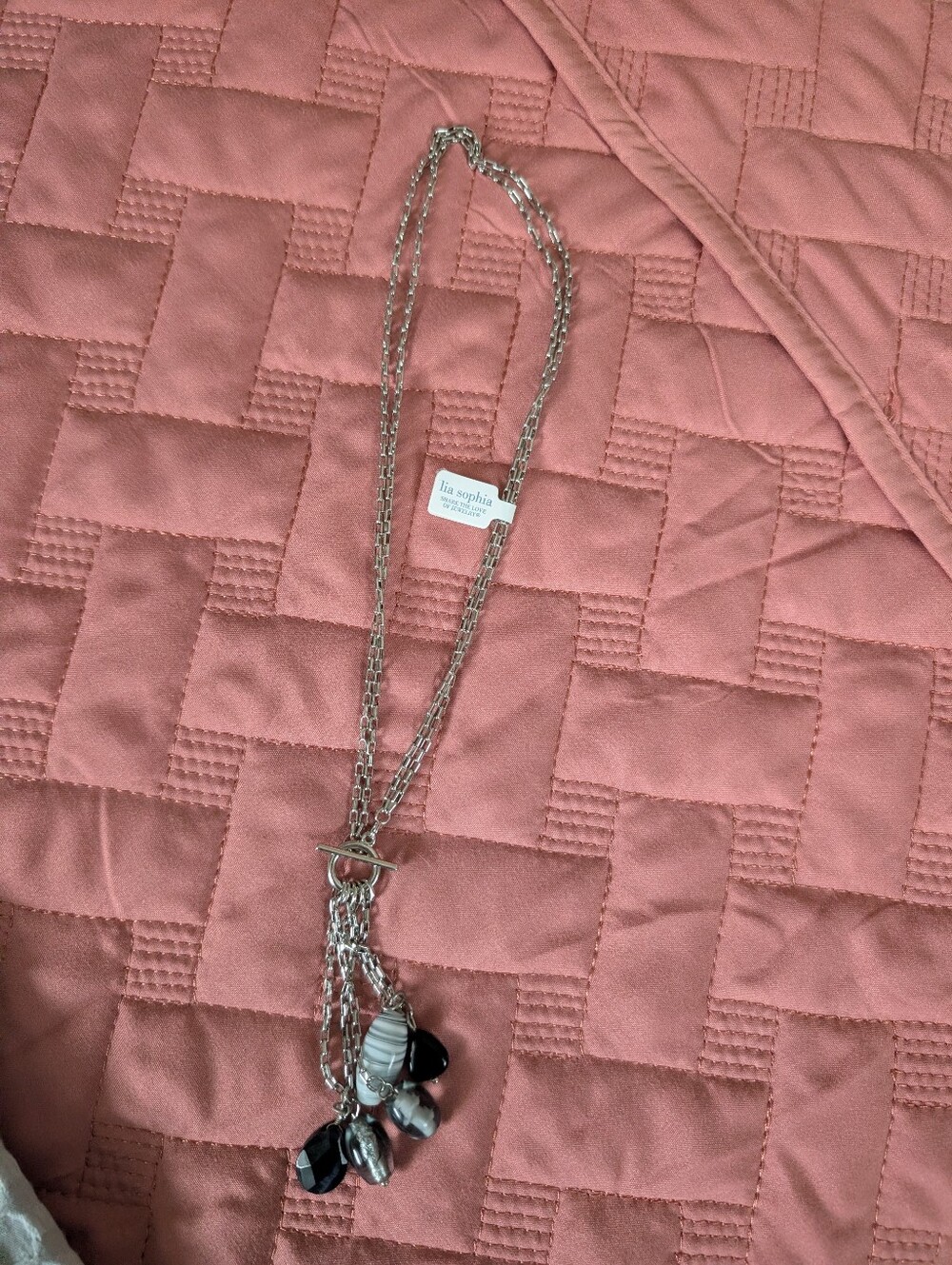 Lia Sophia Silver-Tone Toggle Necklace with Black & Gray Beads
